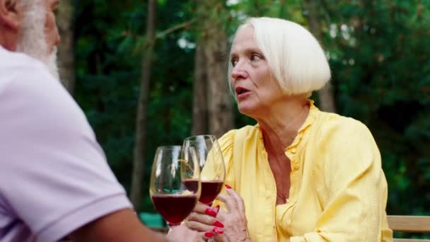 Güzel görünümlü yaşlı kadın ve partneri restoranda romantik vakit geçiriyorlar. Biraz şarap içip sohbet ediyorlar. — Stok video