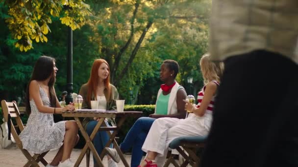 В середине парка группа удивительных красивых дам прекрасно провести время вместе они обсуждают друг с другом в кафе — стоковое видео