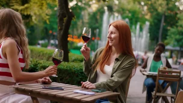 Una bella donna bionda sta ridendo e bevendo vino all'aperto presso l'elegante parco alla ricerca con la sua splendida amica dai capelli rossi. Girato su ARRI Alexa Mini. — Video Stock
