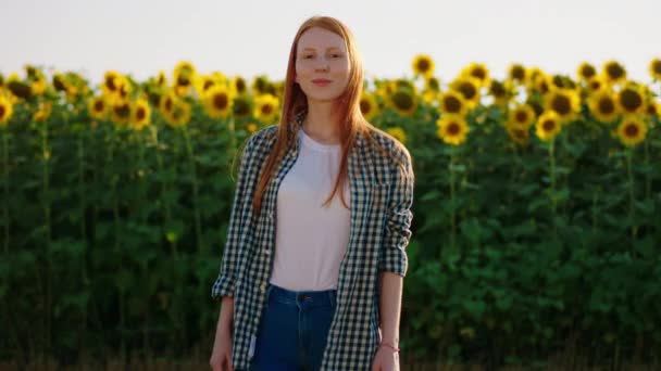 Een zeer aantrekkelijke jonge gember vrouw staat en poseert voor een verbazingwekkend zonnebloemenveld op een zeer mooie zonnige dag. Neergeschoten op ARRI Alexa Mini. — Stockvideo