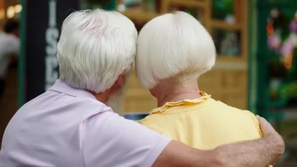 Het nemen van video van de achterkant van een romantisch oud paar knuffelen elkaar in het cafe in het midden van het park — Stockvideo