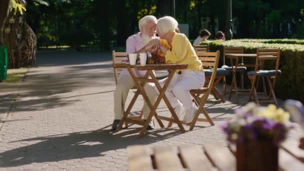 화창 한 날, 아름다운 한 부부 가 카페에서 공원에서 서로 껴안고 사랑 스런 대화를 나누면서 활짝 웃으며 — 비디오