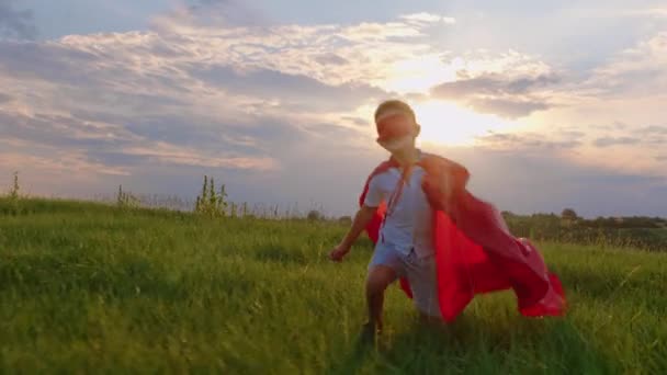 Süper kahraman kıyafetli, hızlı koşan, doğanın ortasında yeşil alanda kameranın önünde maske takan küçük sevimli bir çocuk. — Stok video