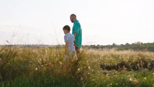 Prowadzenie taty i jego słodkiego synka przez duże zielone pole, ciesząc się naturą i analizując krajobraz, o którym razem rozmawiają. Strzał na ARRI Alexa Mini. — Wideo stockowe