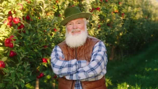 All'inizio della giornata autunnale attraente contadino vecchio in posa davanti alla fotocamera incrociando le mani e sorridendo nel mezzo di meleto — Video Stock