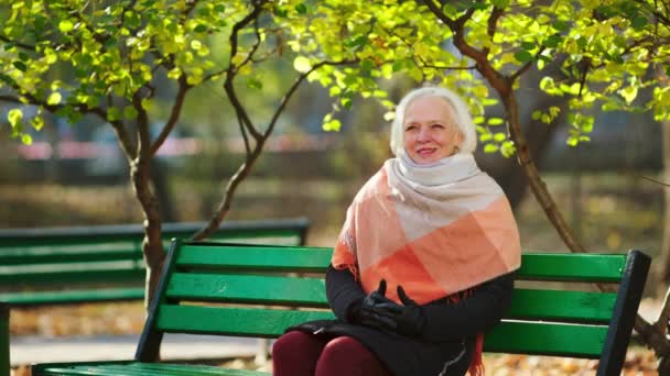 Al final del día de otoño, una carismática y hermosa anciana posando frente a la cámara mientras se sienta en la silla en el parque, da un paseo y disfruta de la naturaleza en otoño. — Vídeo de stock