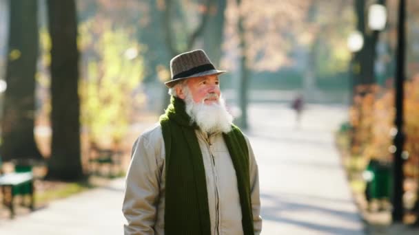 Perfekte Herbstmorgen charismatischen alten Mann haben einen Spaziergang in den Park, den er beobachtet um die Bäume herum und genießen Sie die frische Luft, die er trägt einen Hut. 4k — Stockvideo