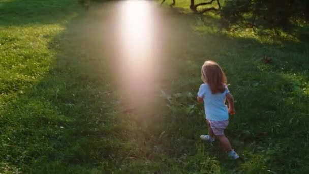 Güneşli bir günde, küçük tatlı bir kız parkın ortasında çimlerin arasında hızla koşuyor. — Stok video