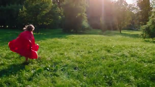 In het park rennend door het gras een schattig jongetje in een superheldenpak op een mooie zonnige dag — Stockvideo