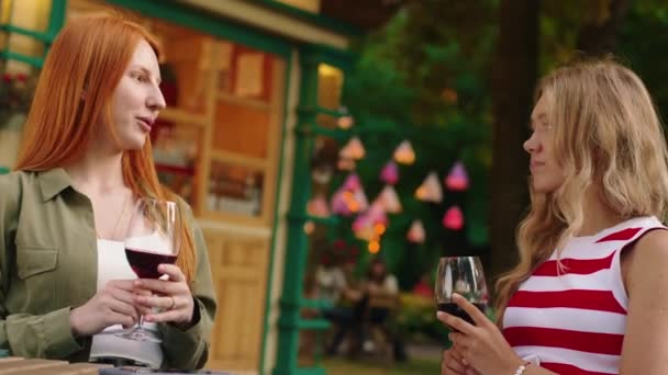 Dwie wyjątkowe i niezależne młode kobiety siedzące na zewnątrz przy stole w kawiarni w ogrodzie publicznym, obie czują się radosne, gdy stukają kieliszkami do wina — Wideo stockowe