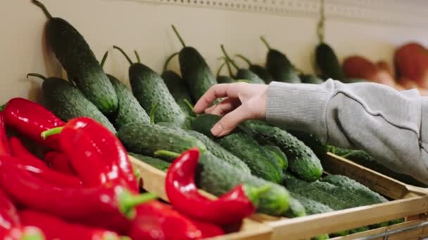 V obchodě s ekologickou zeleninou zákazník vyzvednout některé čerstvé organické okurky z regálů konceptu zemědělství potravin. 4k — Stock video
