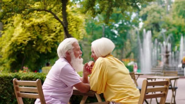 Посеред парку в кафе дивовижна стара пара, що перевищує романтичний час разом обіймаючи руки і дивлячись один на одного з любов'ю і пристрастю — стокове відео