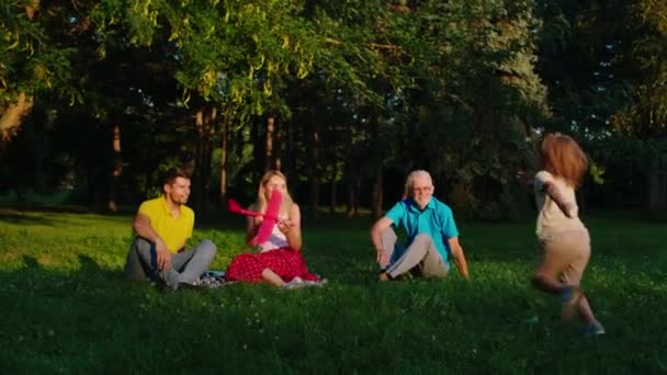 Gelukkige dag voor jonge ouders opa en een schattige kleine jongen spelen allemaal samen in het park in een perfecte zonnige dag — Stockvideo