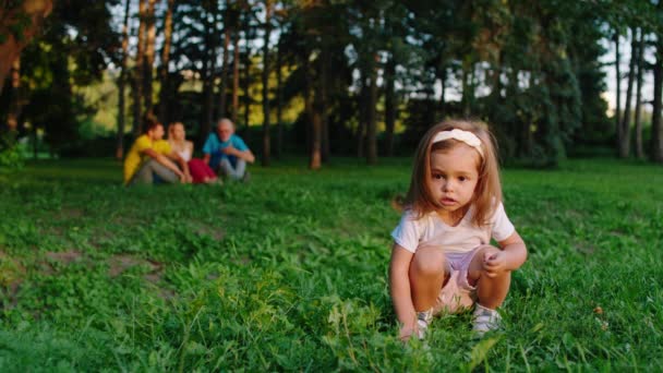 Framför kameran vacker söt liten flicka leka försiktig med gräset i mitten av parken medan hennes föräldrar och farfar sitter ner på gräset på bakgrunden. 4k — Stockvideo