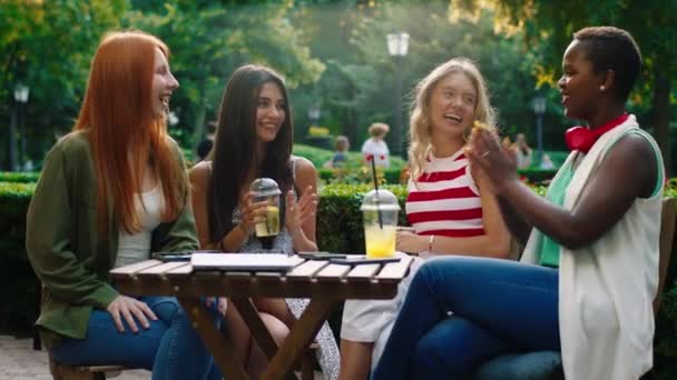 In the middle of the park at the cafe group of amazing looking ladies multiracial have a chill time together cheers with lemonade and feeling happy — стоковое видео