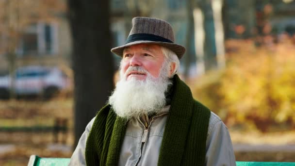 Concentrated old man have a walk in the park he take a sit and enjoy the nature and fresh air he wearing vintage hat he are very relaxed — Stok video