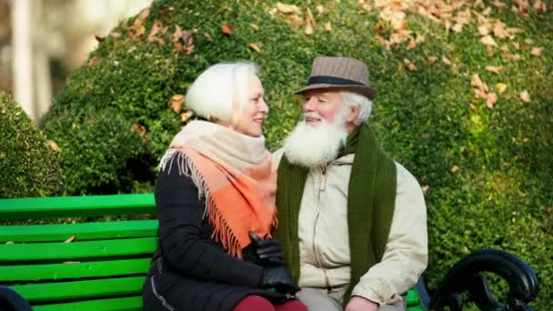 In a beautiful autumn day amazing romantic old couple have a promenade in the park they discussing together while take a sit down on the chair and enjoy the time in front of the camera — Video