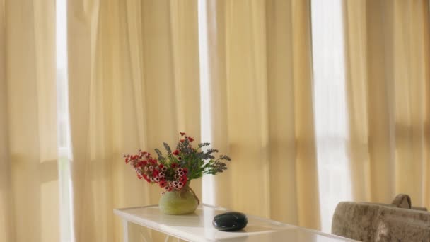 A modern looking room with a table and a vase on top that s filled with different colored flowers, a woman walking in touching a speaker that s beside the vase — Stock videók