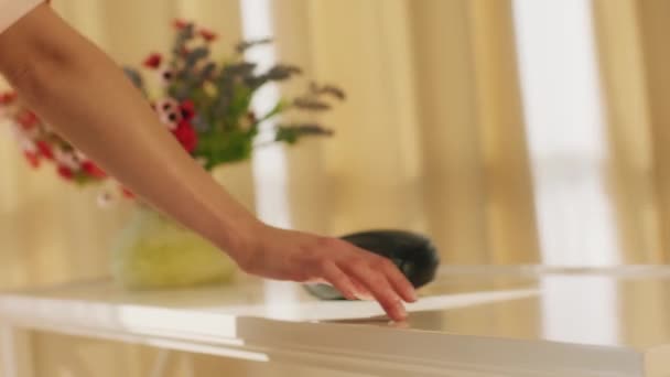 A graceful woman s hand gliding across a table that has a black round vintage speaker and a vase with multi colored flowers — Wideo stockowe