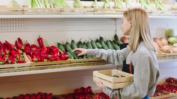 Di depan kamera wanita petani karismatik di toko sayur-sayuran mengambil beberapa mentimun segar dari peti kayu dan mengaturnya ke rak-rak — Stok Video