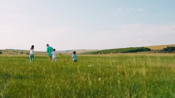 An einem perfekten Abend genießen schöne Familien mit zwei niedlichen Kindern die Zeit in der Natur zusammen mit ihrem niedlichen kleinen Hund, den sie alle zusammen laufen — Stockvideo