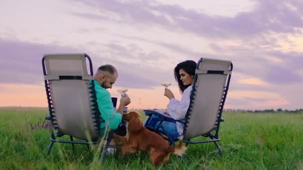 Al atardecer en medio de la naturaleza feliz pareja junto con su lindo perro pequeño disfrutar del momento mientras se sientan en las sillas y beber un poco de champán — Vídeo de stock