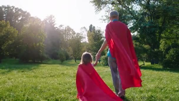 Dobře vypadající dědeček a jeho roztomilá malá neteř kráčející trávou s oblekem superhrdiny — Stock video