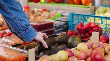 Organik sebze dükkanı müşterisi ahşap kutu sağlıklı yaşam ve taze hasat kavramından taze avokado alır.