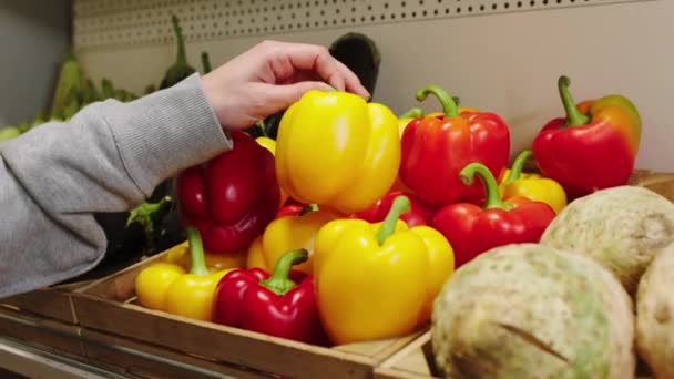 Di toko organik pelanggan mengambil beberapa kertas manis kuning dari rak kayu konsep makanan pertanian organik — Stok Video