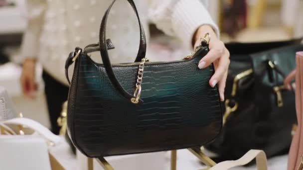 Dettagli primo piano di una borsa di moda dal cliente negozio scaffale signora prendere con attenzione il prodotto dal negozio di accessori — Video Stock