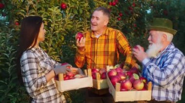 Karizmatik yaşlı çiftçi, kızı ve oğluyla birlikte elma bahçesinin ortasında olgunlaşmış kırmızı elmalarla dolu tahta bir sandık toplarlar. Dururlar ve hasat hakkında tartışarak heyecanlanırlar.