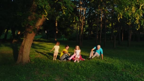 Solrig dag i parken glad familie nyde øjeblikket sammen to sjove og søde børn leger alle sammen med deres forældre ved hjælp af de store fly – Stock-video