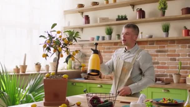 Кавказский человек в кухонном фартуке на кухне утром, используя сковороду для полива своих больших растений с острова кухни очень счастлив и взволнован — стоковое видео