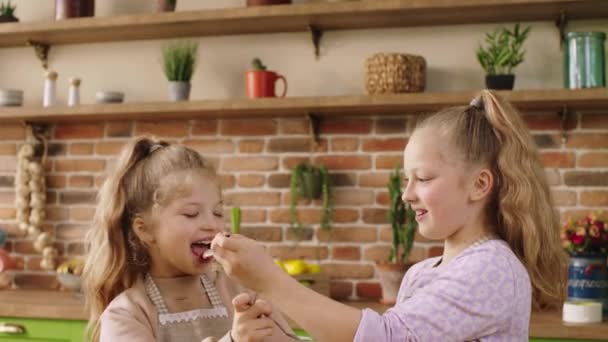 Mycket karismatisk och söt två små syster på morgonen på köksön ta sin hälsosam frukost innan du går till skolan den lilla flickan matar sin storasyster mycket söt — Stockvideo