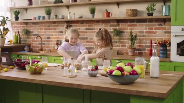 Grappig charismatisch twee zusjes mooie meisjes bereiden het deeg voor op een heerlijk dessert op het moderne keukeneiland — Stockvideo