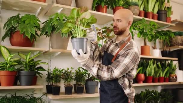 Concept of small business entrepreneur the man owner of the floral store working on his shop take some plants from the pot and looking over them to take care — Stockvideo