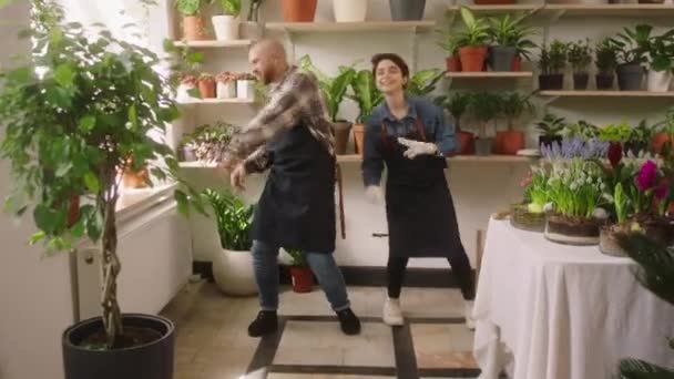Charismatic with a large smile Caucasian family couple entrepreneur of a small floral store they dancing while working together concept of small business entrepreneur — Vídeos de Stock