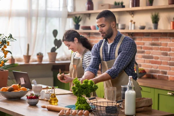 Healthy Food Home Happy Loving Couple Preparing Proper Meal Kitchen — Stockfoto