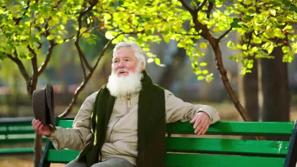 Ein Hübscher Alter Mann Einem Spätherbsttag Inmitten Des Parks Nimmt — Stockvideo