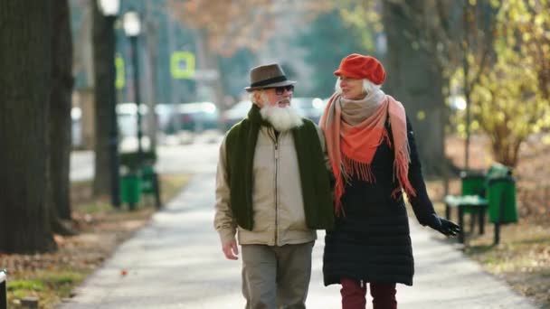 Voor Camera Wandelen Oude Man Zijn Vrouw Heel Blij Samen — Stockvideo