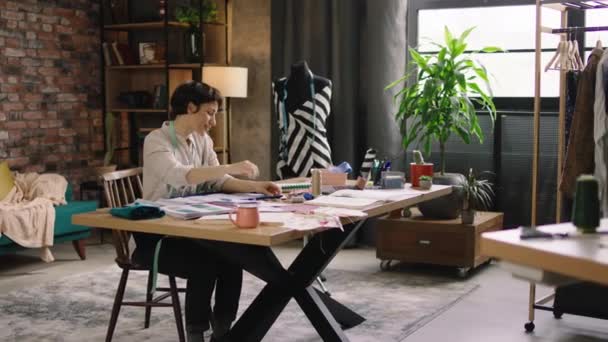 Fashion Office Atelier Attractive Pretty Designer Woman Working Her Workplace — Stock Video