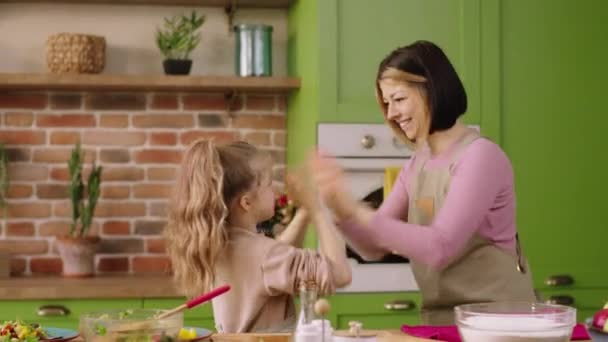 Happy Excited Mother Speeding Time Her Cute Beautiful Daughter Kitchen — Stock Video