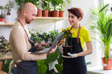Çiçekçi güzel kadın elinde şirin bir portakal bitkisi tutarken elinde dizüstü bilgisayarı olan dükkan sahibiyle konuşuyor..