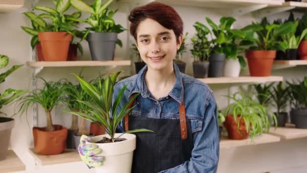 Beautiful Attractive Florist Woman Holding Big Plant Pot Floral Shop — Stock Video
