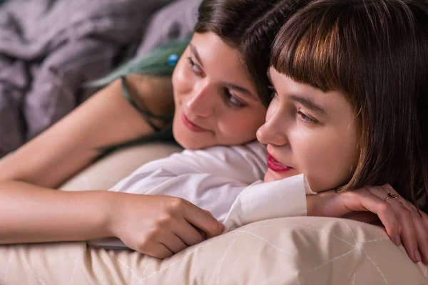 Amazing Ladies Young Looking Lesbian Couple Posing Front Camera While — Zdjęcie stockowe