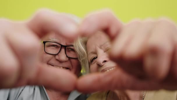 Mutlu Büyük Gülümseyen Yaşlı Çift Kameranın Önünde Parmaklarıyla Bir Kalp — Stok video