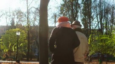 Capturing video in the late autumn day in the park romantic old couple have a promenade they walking through the park and hugging each other. Shot on ARRI Alexa Mini.
