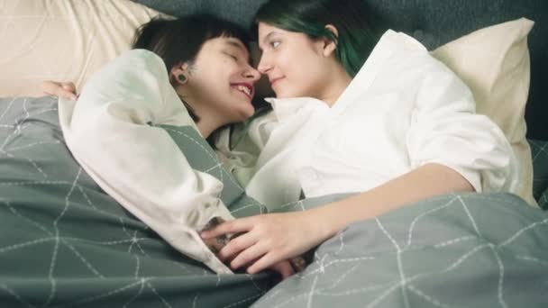 Bedroom Lesbian Couple Spending Romantic Time Together Hugging Each Other — Αρχείο Βίντεο