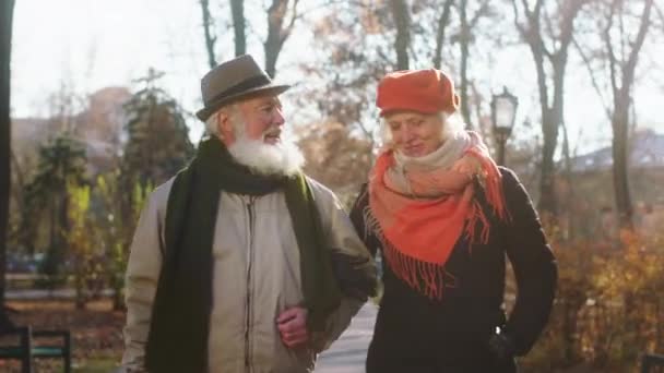 Schöne Alte Paare Die Mitten Park Vor Der Kamera Stehen — Stockvideo