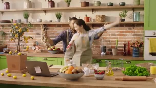 Good Looking Woman Her Partner Man Dancing Kitchen Enjoy Moment – Stock-video